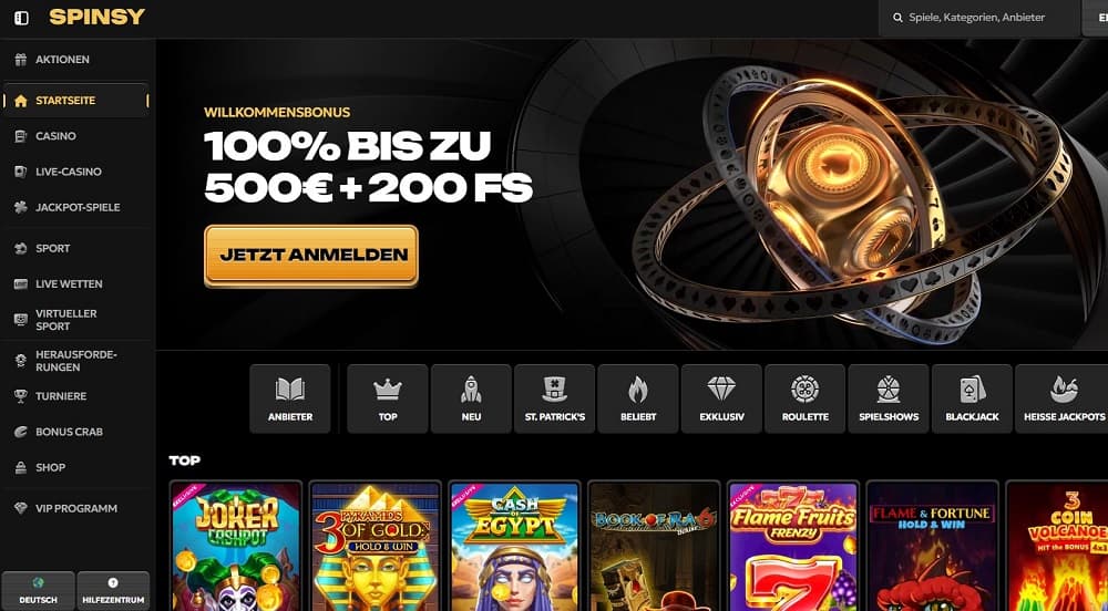 Screenshot der Spinsy Casino-Startseite mit dem Willkommensbonus '100% bis zu 500€ + 200 Freispiele' und auffälligem Anmelde-Button.