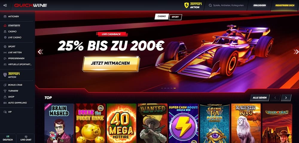 Screenshot der Quickwin Casino-Startseite mit einem Banner für 'Live Cashback' (25% bis zu 200 €) und einem Rennwagen. Darunter beliebte Spiele wie Brain Washed, Break the Piggy Bank und Book of Ra.